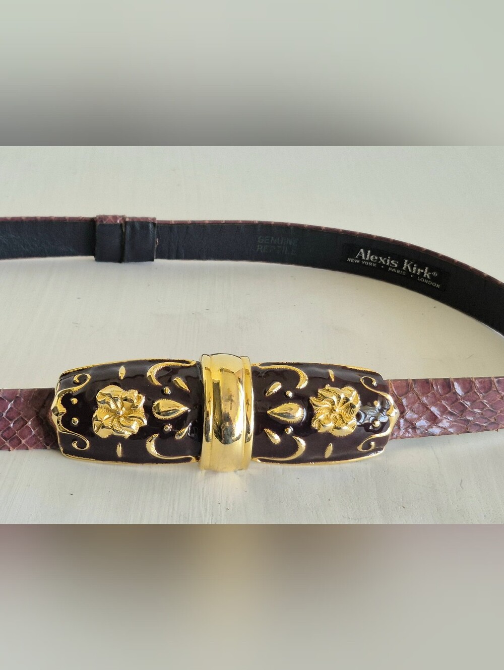 Alexis Kirk Burgundy Snakeskin Texture & Gold-Tone Enamel Buckle Women’s Belt